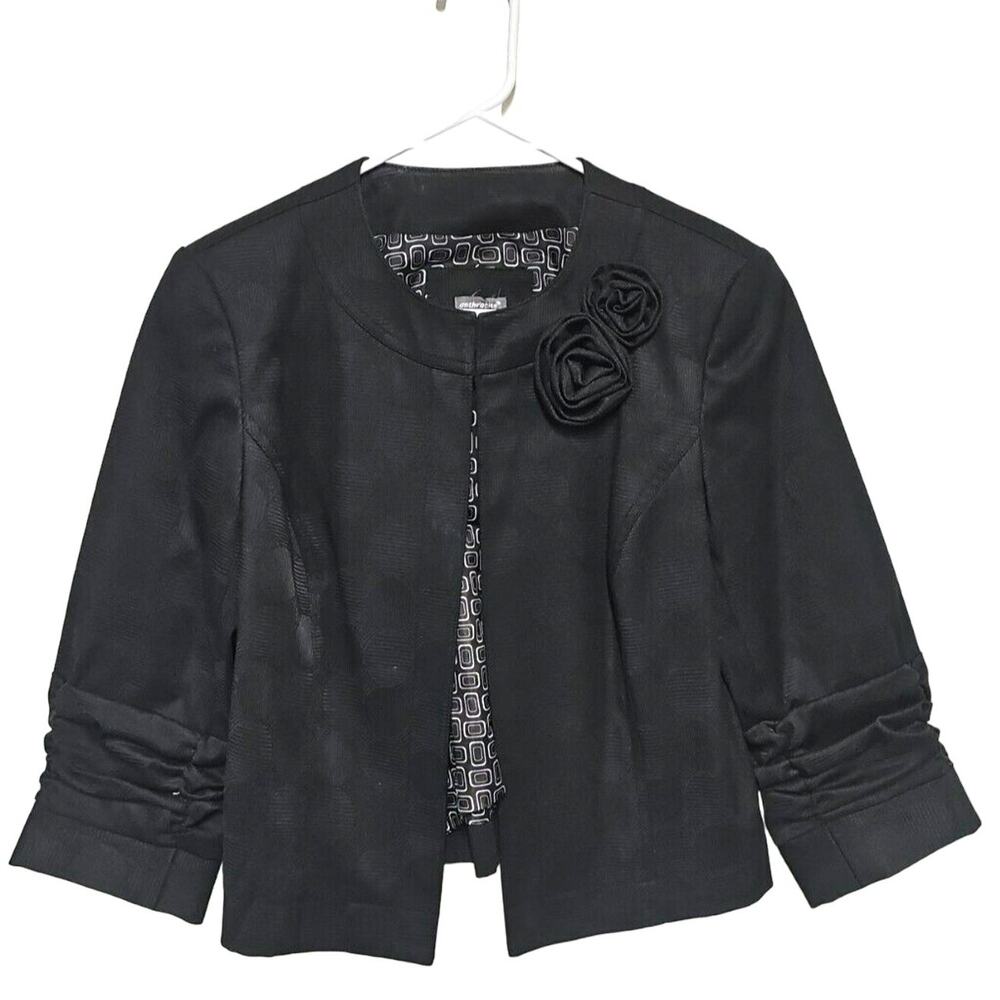 Anthracite Cropped Blazer Jacket Womens Size 6 with Applique Rose Black Office